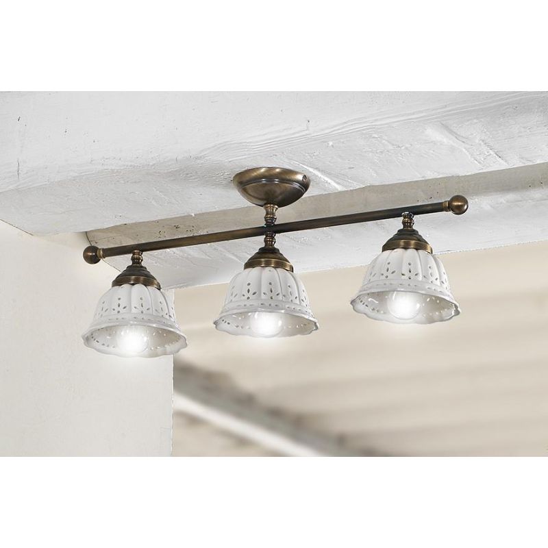 2237.3 PLAFONIERA LINEARE IN OTTONE CON DIFFUSORI IN TERRACOTTA BIANCA TRAFORATA MADE IN ITALY RUSTICA CRISTALENSI CERAMICA - Cr