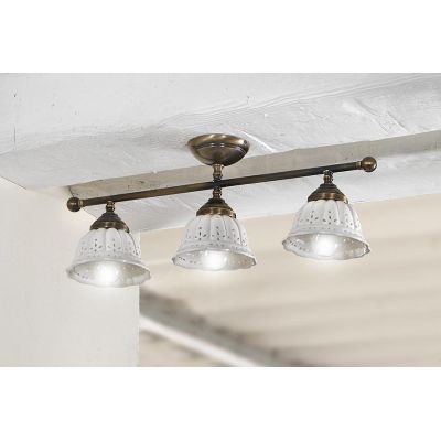 2237.3 PLAFONIERA LINEARE IN OTTONE CON DIFFUSORI IN TERRACOTTA BIANCA TRAFORATA MADE IN ITALY RUSTICA CRISTALENSI CERAMICA - Cr