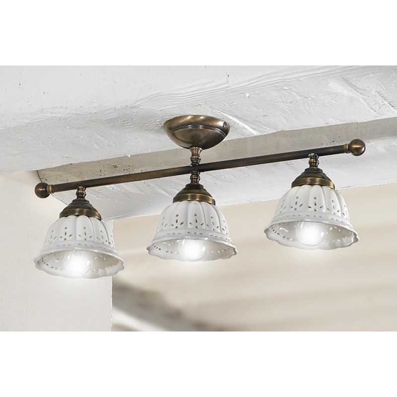 2237.3 PLAFONIERA LINEARE IN OTTONE CON DIFFUSORI IN TERRACOTTA BIANCA TRAFORATA MADE IN ITALY RUSTICA CRISTALENSI CERAMICA - Cr