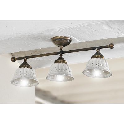 2237.3 PLAFONIERA LINEARE IN OTTONE CON DIFFUSORI IN TERRACOTTA BIANCA TRAFORATA MADE IN ITALY RUSTICA CRISTALENSI CERAMICA - Cr