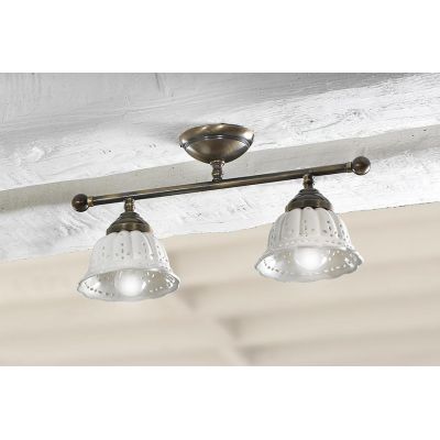 2237.2 PLAFONIERA LINEARE IN OTTONE CON DIFFUSORI IN TERRACOTTA BIANCA TRAFORATA MADE IN ITALY RUSTICA CRISTALENSI CERAMICA - Cr