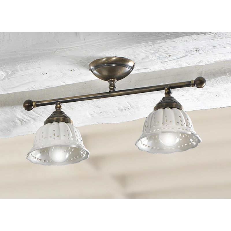 2237.2 PLAFONIERA LINEARE IN OTTONE CON DIFFUSORI IN TERRACOTTA BIANCA TRAFORATA MADE IN ITALY RUSTICA CRISTALENSI CERAMICA - Cr