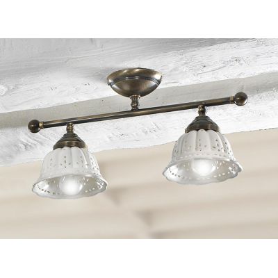 2237.2 PLAFONIERA LINEARE IN OTTONE CON DIFFUSORI IN TERRACOTTA BIANCA TRAFORATA MADE IN ITALY RUSTICA CRISTALENSI CERAMICA - Cr