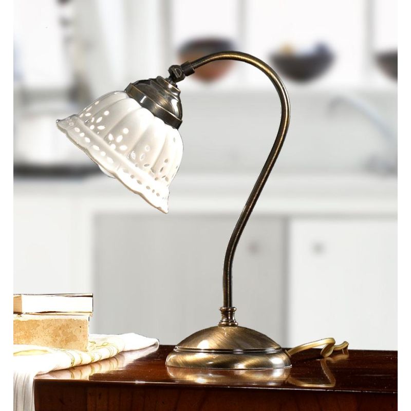 2237.L LAMPADA DA TAVOLO IN OTTONE CON DIFFUSORE IN TERRACOTTA BIANCA TRAFORATA MADE IN ITALY RUSTICA CRISTALENSI CERAMICA - Cri