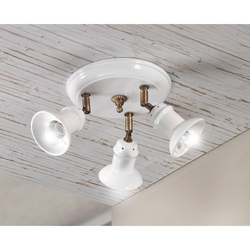 2245.3 PLAFONIERA ROTONDA 3 LUCI IN TERRACOTTA BIANCA LUCIDA E OTTONE INVECCHIATO MADE IN ITALY CRISTALENSI CERAMICA - Cristalen