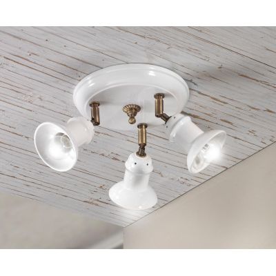 2245.3 PLAFONIERA ROTONDA 3 LUCI IN TERRACOTTA BIANCA LUCIDA E OTTONE INVECCHIATO MADE IN ITALY CRISTALENSI CERAMICA - Cristalen