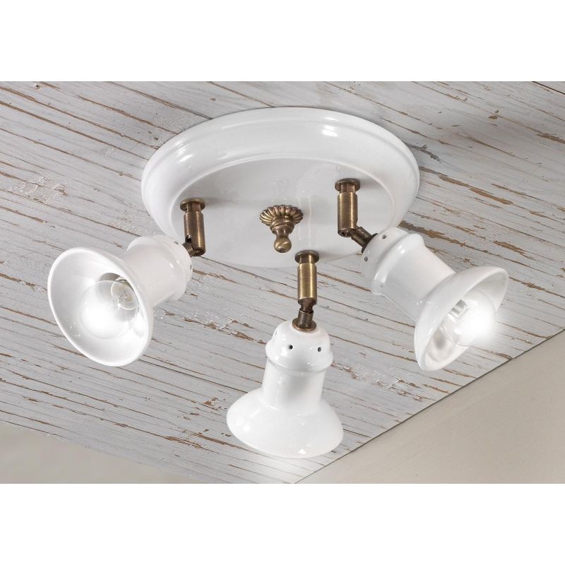 2245.3 PLAFONIERA ROTONDA 3 LUCI IN TERRACOTTA BIANCA LUCIDA E OTTONE INVECCHIATO MADE IN ITALY CRISTALENSI CERAMICA - Cristalen