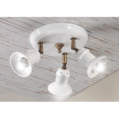 2245.3 PLAFONIERA ROTONDA 3 LUCI IN TERRACOTTA BIANCA LUCIDA E OTTONE INVECCHIATO MADE IN ITALY CRISTALENSI CERAMICA - Cristalen
