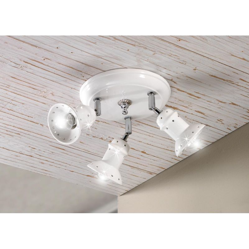 2246.3 PLAFONIERA ROTONDA 3 LUCI IN TERRACOTTA BIANCA LUCIDA CON CRISTALLI E DETTAGLI CROMO MADE IN ITALY CRISTALENSI CERAMICA -