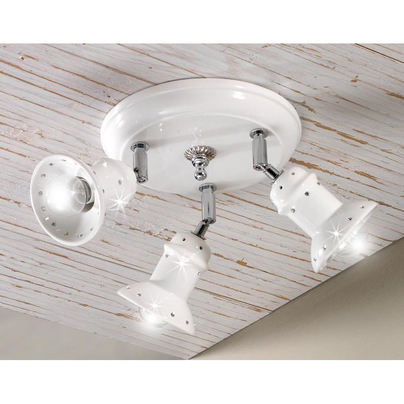 2246.3 PLAFONIERA ROTONDA 3 LUCI IN TERRACOTTA BIANCA LUCIDA CON CRISTALLI E DETTAGLI CROMO MADE IN ITALY CRISTALENSI CERAMICA -