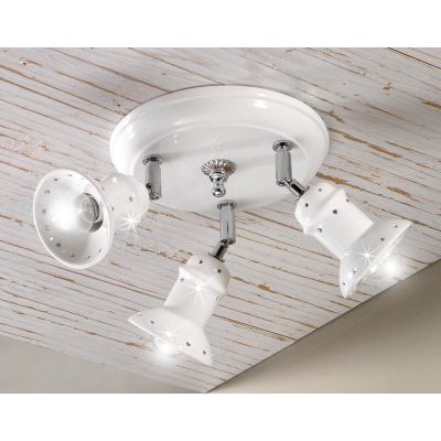 2246.3 PLAFONIERA ROTONDA 3 LUCI IN TERRACOTTA BIANCA LUCIDA CON CRISTALLI E DETTAGLI CROMO MADE IN ITALY CRISTALENSI CERAMICA -