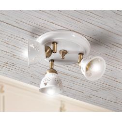2248.3 PLAFONIERA ROTONDA 3 LUCI IN TERRACOTTA BIANCA LUCIDA TRAFORATA E DETTAGLI IN OTTONE MADE IN ITALY CRISTALENSI CERAMICA - 2