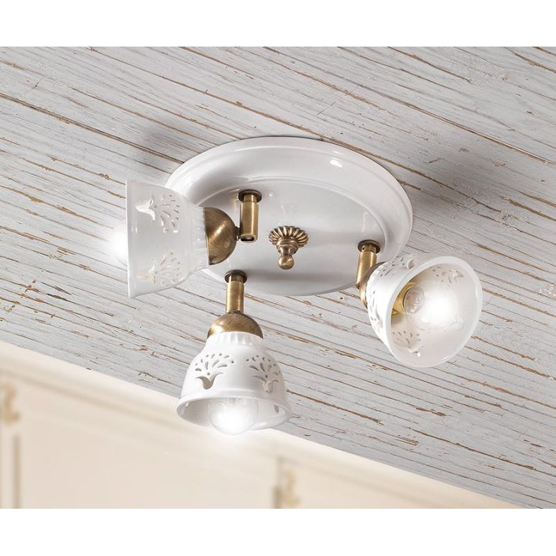 2248.3 PLAFONIERA ROTONDA 3 LUCI IN TERRACOTTA BIANCA LUCIDA TRAFORATA E DETTAGLI IN OTTONE MADE IN ITALY CRISTALENSI CERAMICA -