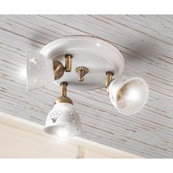 2248.3 PLAFONIERA ROTONDA 3 LUCI IN TERRACOTTA BIANCA LUCIDA TRAFORATA E DETTAGLI IN OTTONE MADE IN ITALY CRISTALENSI CERAMICA -