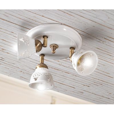 2248.3 PLAFONIERA ROTONDA 3 LUCI IN TERRACOTTA BIANCA LUCIDA TRAFORATA E DETTAGLI IN OTTONE MADE IN ITALY CRISTALENSI CERAMICA -