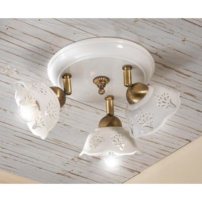 2247.3 PLAFONIERA ROTONDA 3 LUCI IN TERRACOTTA BIANCA LUCIDA TRAFORATA E DETTAGLI IN OTTONE MADE IN ITALY CRISTALENSI CERAMICA -
