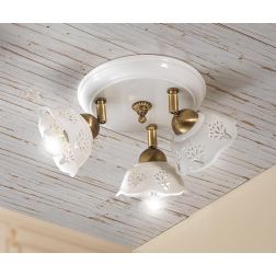 2247.3 PLAFONIERA ROTONDA 3 LUCI IN TERRACOTTA BIANCA LUCIDA TRAFORATA E DETTAGLI IN OTTONE MADE IN ITALY CRISTALENSI CERAMICA - 2