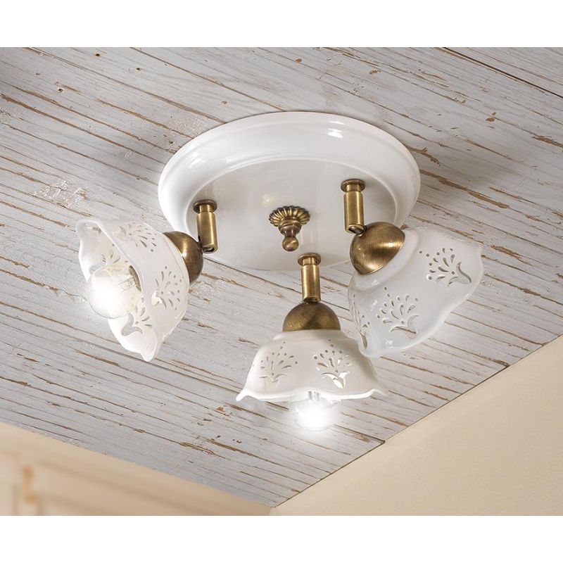 2247.3 PLAFONIERA ROTONDA 3 LUCI IN TERRACOTTA BIANCA LUCIDA TRAFORATA E DETTAGLI IN OTTONE MADE IN ITALY CRISTALENSI CERAMICA -