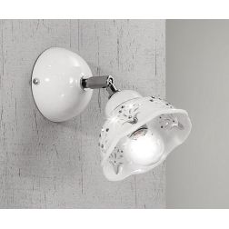 2249.A APPLIQUE SPOT D13 CM IN TERRACOTTA TRAFORATA BIANCA CON CRISTALLI E DETTAGLI CROMO MADE IN ITALY CRISTALENSI CERAMICA - C