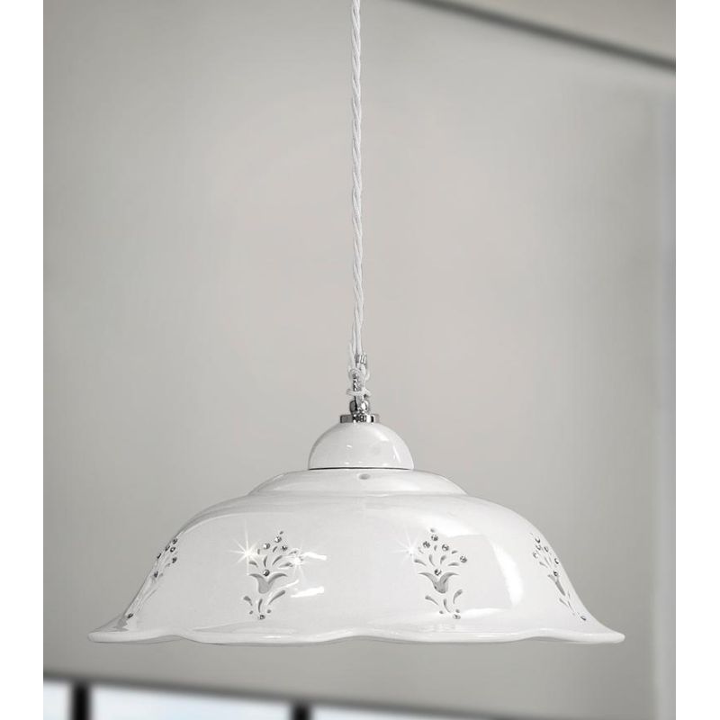 2249.1 SOSPENSIONE SINGOLA D36.5 CM IN TERRACOTTA TRAFORATA BIANCA CON CRISTALLI E DETTAGLI CROMO MADE IN ITALY CRISTALENSI CERA