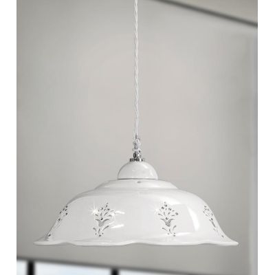 2249.1 SOSPENSIONE SINGOLA D36.5 CM IN TERRACOTTA TRAFORATA BIANCA CON CRISTALLI E DETTAGLI CROMO MADE IN ITALY CRISTALENSI CERA