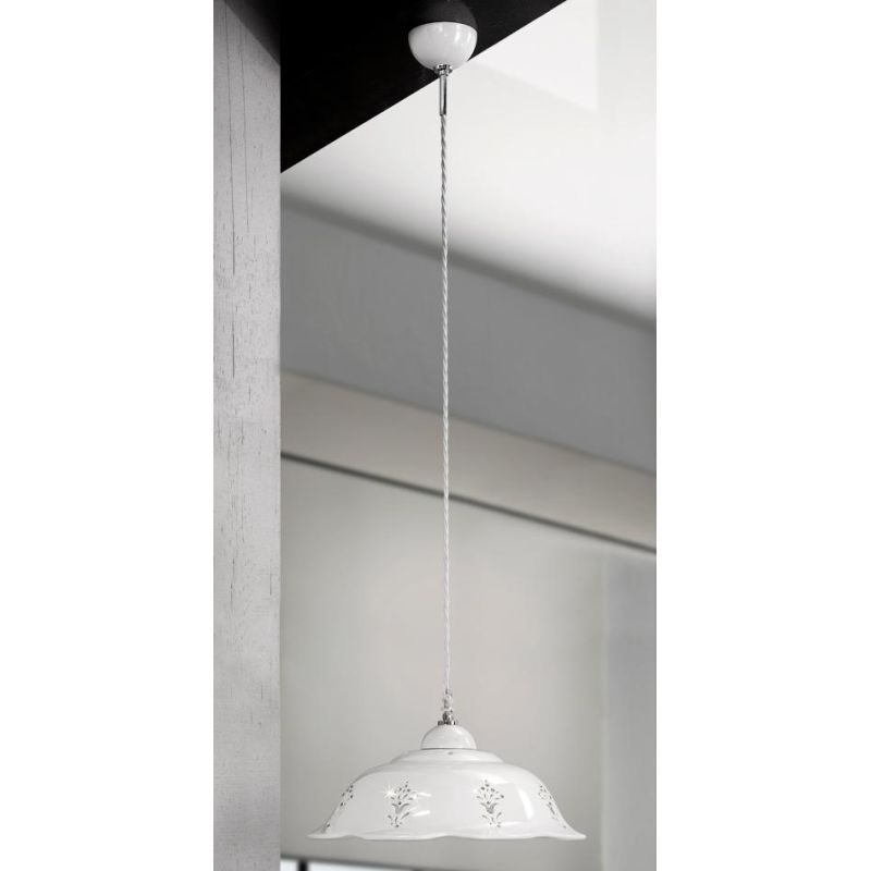 2249.1 SOSPENSIONE SINGOLA D36.5 CM IN TERRACOTTA TRAFORATA BIANCA CON CRISTALLI E DETTAGLI CROMO MADE IN ITALY CRISTALENSI CERA