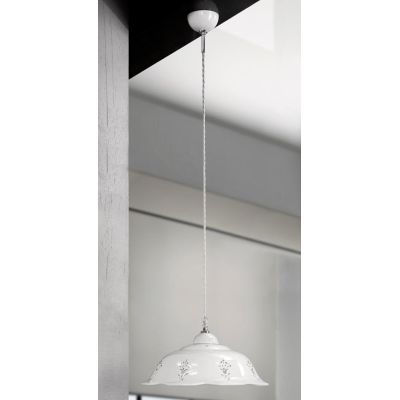 2249.1 SOSPENSIONE SINGOLA D36.5 CM IN TERRACOTTA TRAFORATA BIANCA CON CRISTALLI E DETTAGLI CROMO MADE IN ITALY CRISTALENSI CERA