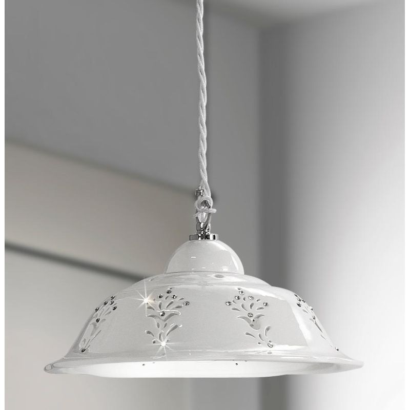 2249.2 SOSPENSIONE SINGOLA D29 CM IN TERRACOTTA TRAFORATA BIANCA CON CRISTALLI E DETTAGLI CROMO MADE IN ITALY CRISTALENSI CERAMI