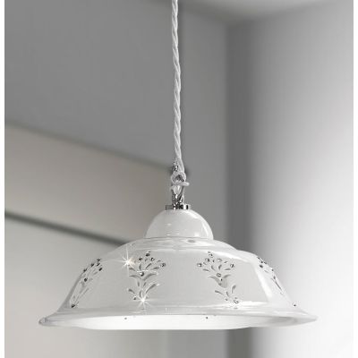 2249.2 SOSPENSIONE SINGOLA D29 CM IN TERRACOTTA TRAFORATA BIANCA CON CRISTALLI E DETTAGLI CROMO MADE IN ITALY CRISTALENSI CERAMI