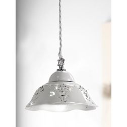 2249.3 SOSPENSIONE SINGOLA D20.5 CM IN TERRACOTTA TRAFORATA BIANCA CON CRISTALLI E DETTAGLI CROMO MADE IN ITALY CRISTALENSI CERA