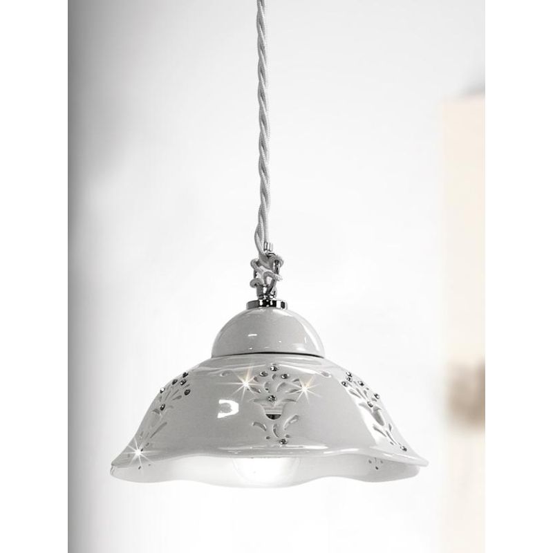 2249.3 SOSPENSIONE SINGOLA D20.5 CM IN TERRACOTTA TRAFORATA BIANCA CON CRISTALLI E DETTAGLI CROMO MADE IN ITALY CRISTALENSI CERA