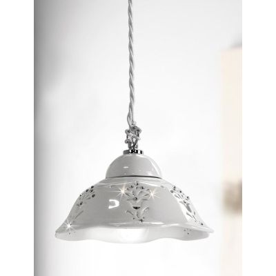 2249.3 SOSPENSIONE SINGOLA D20.5 CM IN TERRACOTTA TRAFORATA BIANCA CON CRISTALLI E DETTAGLI CROMO MADE IN ITALY CRISTALENSI CERA