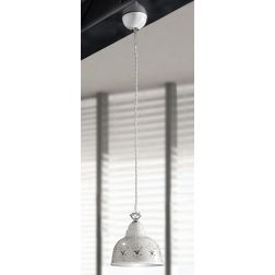 2250.2 SOSPENSIONE SINGOLA D19 CM IN TERRACOTTA TRAFORATA BIANCA CON CRISTALLI E DETTAGLI CROMO MADE IN ITALY CRISTALENSI CERAMI 2