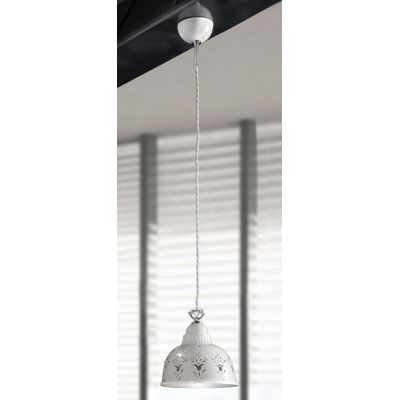 2250.2 SOSPENSIONE SINGOLA D19 CM IN TERRACOTTA TRAFORATA BIANCA CON CRISTALLI E DETTAGLI CROMO MADE IN ITALY CRISTALENSI CERAMI