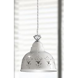 2250.2 SOSPENSIONE SINGOLA D19 CM IN TERRACOTTA TRAFORATA BIANCA CON CRISTALLI E DETTAGLI CROMO MADE IN ITALY CRISTALENSI CERAMI