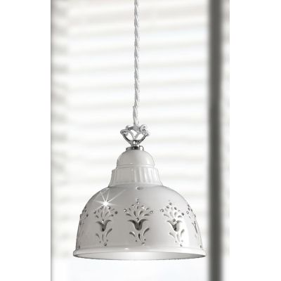 2250.2 SOSPENSIONE SINGOLA D19 CM IN TERRACOTTA TRAFORATA BIANCA CON CRISTALLI E DETTAGLI CROMO MADE IN ITALY CRISTALENSI CERAMI