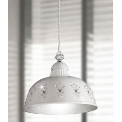 2250.1 SOSPENSIONE SINGOLA D30 CM IN TERRACOTTA TRAFORATA BIANCA CON CRISTALLI E DETTAGLI CROMO MADE IN ITALY CRISTALENSI CERAMI