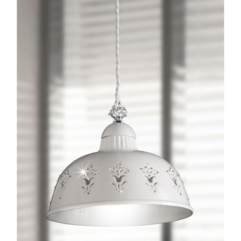 2250.1 SOSPENSIONE SINGOLA D30 CM IN TERRACOTTA TRAFORATA BIANCA CON CRISTALLI E DETTAGLI CROMO MADE IN ITALY CRISTALENSI CERAMI