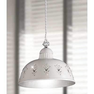 2250.1 SOSPENSIONE SINGOLA D30 CM IN TERRACOTTA TRAFORATA BIANCA CON CRISTALLI E DETTAGLI CROMO MADE IN ITALY CRISTALENSI CERAMI