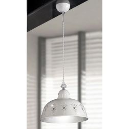 2250.1 SOSPENSIONE SINGOLA D30 CM IN TERRACOTTA TRAFORATA BIANCA CON CRISTALLI E DETTAGLI CROMO MADE IN ITALY CRISTALENSI CERAMI 2