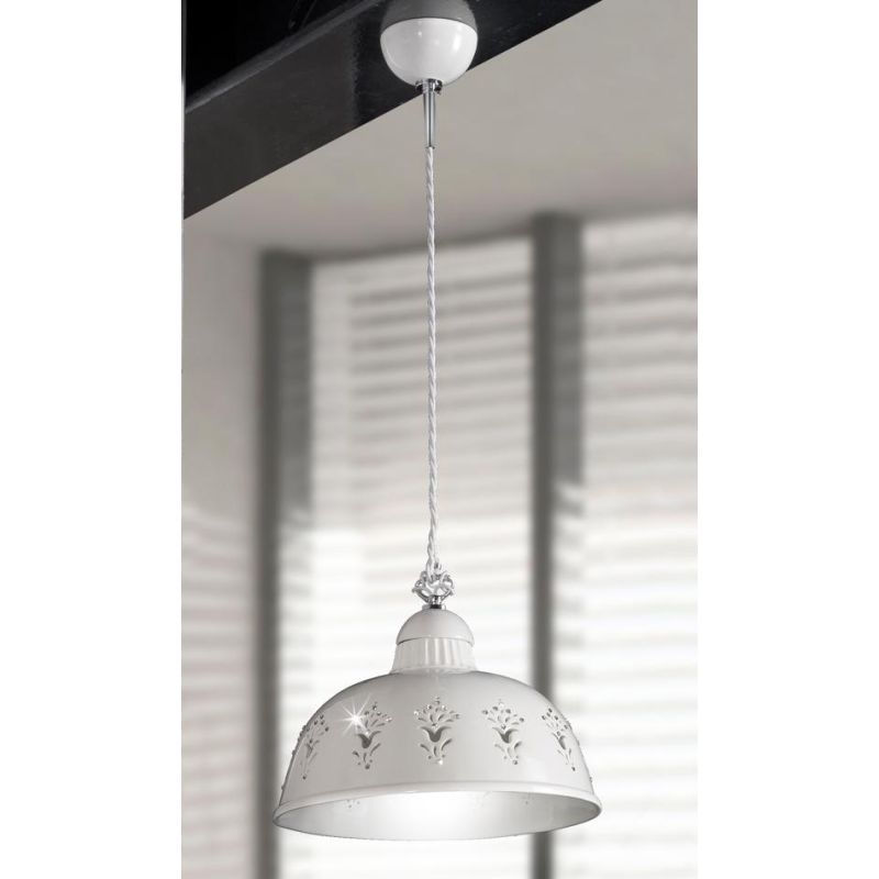 2250.1 SOSPENSIONE SINGOLA D30 CM IN TERRACOTTA TRAFORATA BIANCA CON CRISTALLI E DETTAGLI CROMO MADE IN ITALY CRISTALENSI CERAMI