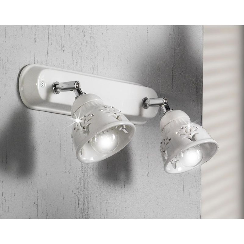 2250.A2 APPLIQUE PLAFONIERA IN TERRACOTTA TRAFORATA BIANCA CON CRISTALLI E DETTAGLI CROMO MADE IN ITALY CRISTALENSI CERAMICA - C