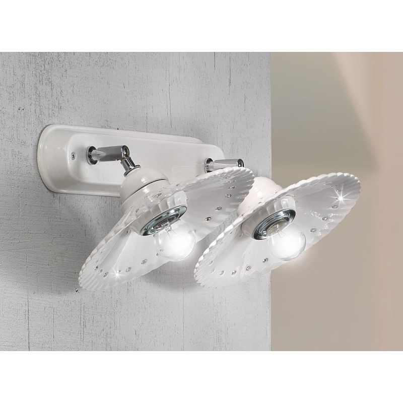 2251.A2 APPLIQUE PLAFONIERA IN TERRACOTTA BIANCA PLISSETTATA CON CRISTALLI E DETTAGLI CROMO MADE IN ITALY CRISTALENSI CERAMICA -