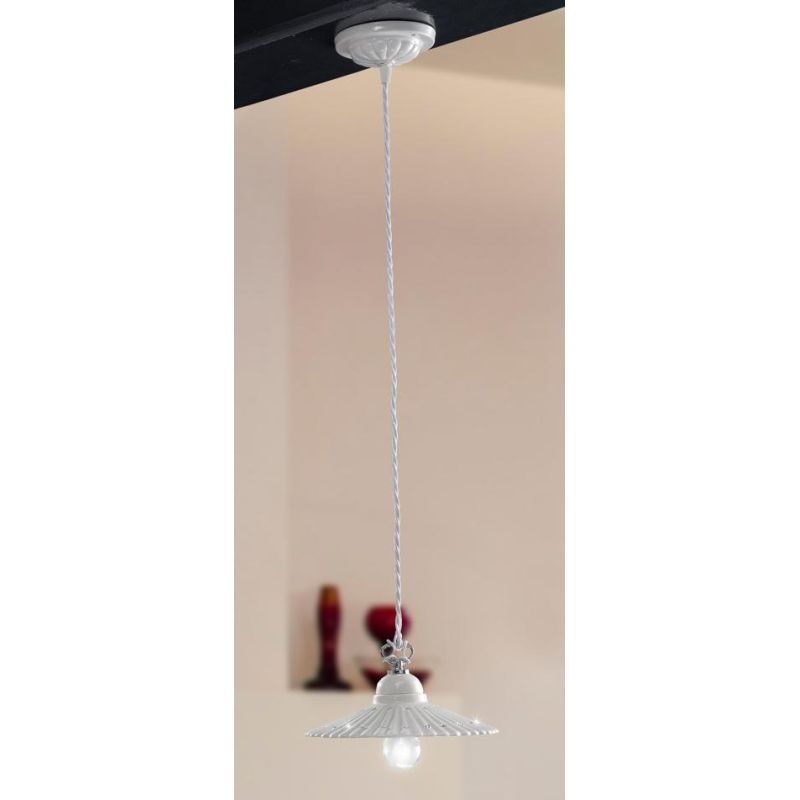 2251.3 SOSPENSIONE SINGOLA D21 CM IN TERRACOTTA BIANCA PLISSETTATA CON CRISTALLI E DETTAGLI CROMO MADE IN ITALY CRISTALENSI CERA