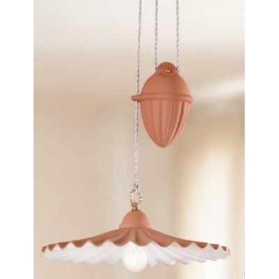 2012.1 SOSPENSIONE SALISCENDI D43 CM IN TERRACOTTA CON PIATTO PLISSE DECORATO DI BIANCO MADE IN ITALY CRISTALENSI CERAMICA - Cri