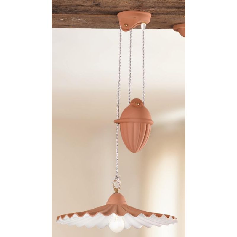 2012.1 SOSPENSIONE SALISCENDI D43 CM IN TERRACOTTA CON PIATTO PLISSE DECORATO DI BIANCO MADE IN ITALY CRISTALENSI CERAMICA - Cri