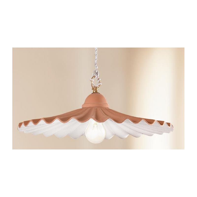 2012.1 SOSPENSIONE SALISCENDI D43 CM IN TERRACOTTA CON PIATTO PLISSE DECORATO DI BIANCO MADE IN ITALY CRISTALENSI CERAMICA - Cri