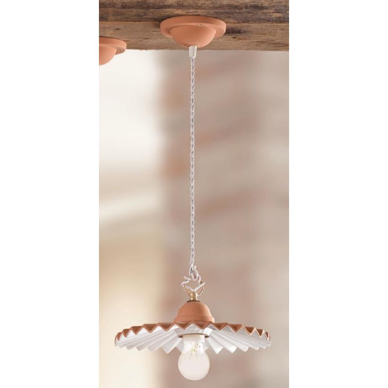 2012.2 SOSPENSIONE SINGOLA D43 CM IN TERRACOTTA CON PIATTO PLISSE DECORATO DI BIANCO MADE IN ITALY CRISTALENSI CERAMICA - Crista
