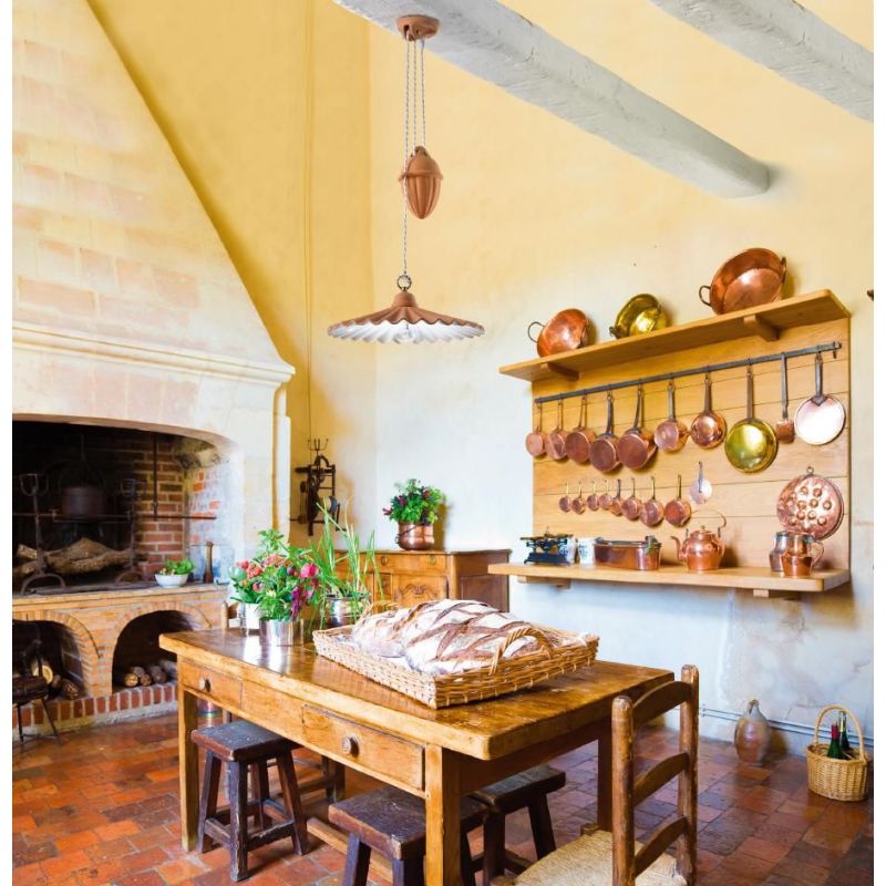 2012.1 SOSPENSIONE SALISCENDI D43 CM IN TERRACOTTA CON PIATTO PLISSE DECORATO DI BIANCO MADE IN ITALY CRISTALENSI CERAMICA - Cri