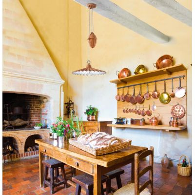2012.1 SOSPENSIONE SALISCENDI D43 CM IN TERRACOTTA CON PIATTO PLISSE DECORATO DI BIANCO MADE IN ITALY CRISTALENSI CERAMICA - Cri